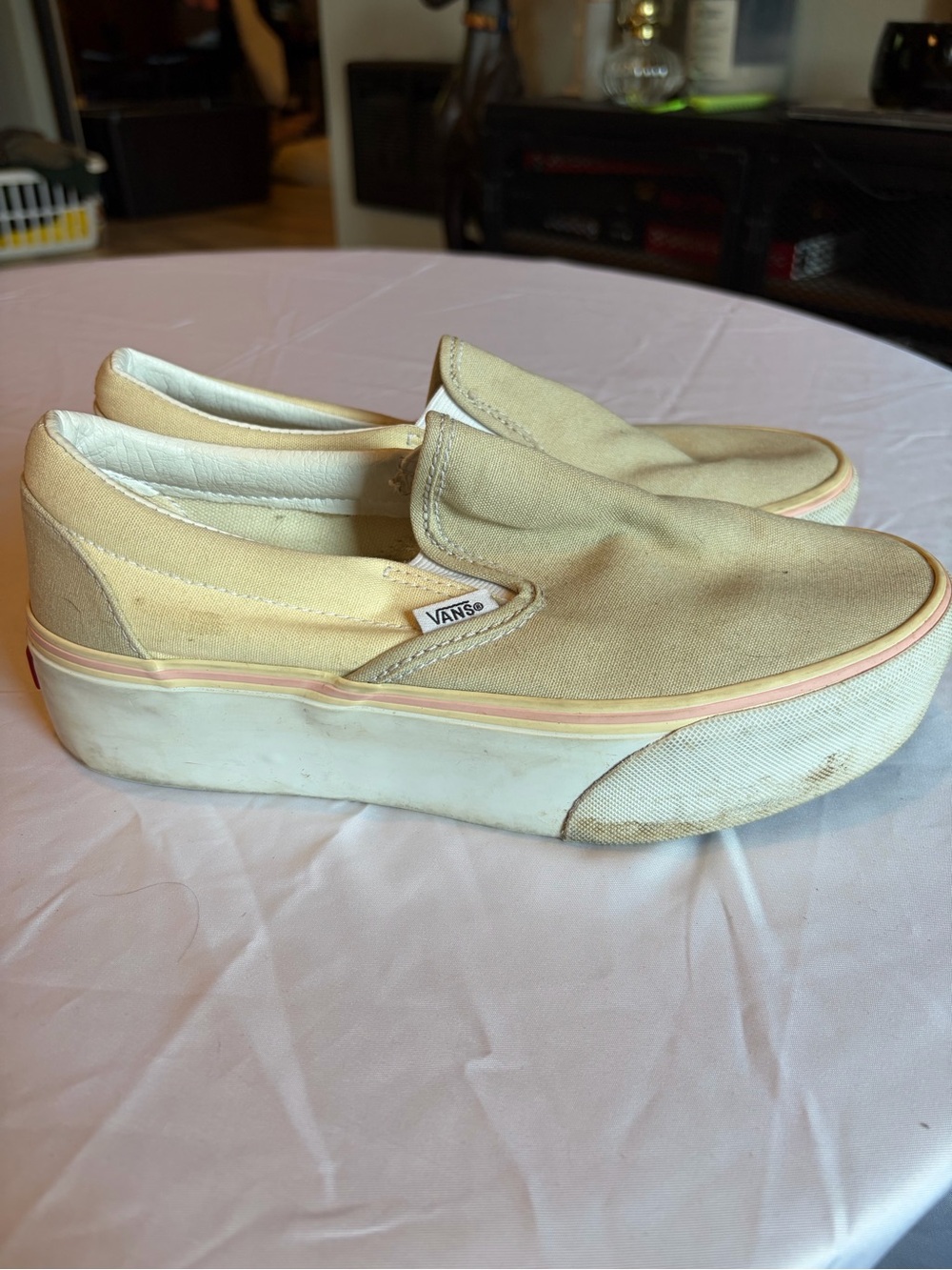 Vans Slip-On Platform Sneakers in Light Beige and Pink Trim